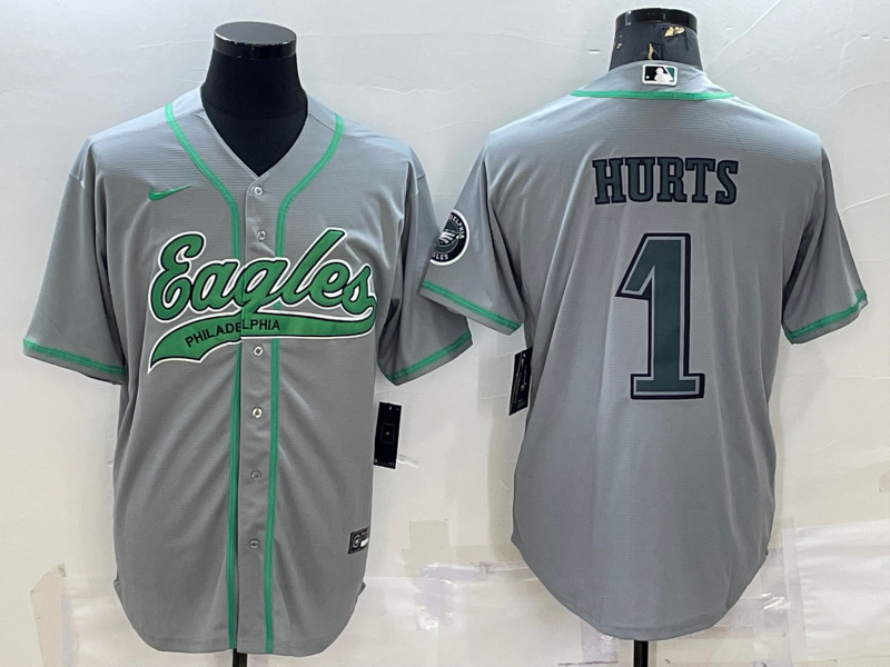 Men's Philadelphia Eagles #1 Jalen Hurts Grey With Patch Cool Base Stitched Baseball Jersey Men's Philadelphia Eagles #1 Jalen Hurts Grey With Patch Cool Base Stitched Baseball Jersey